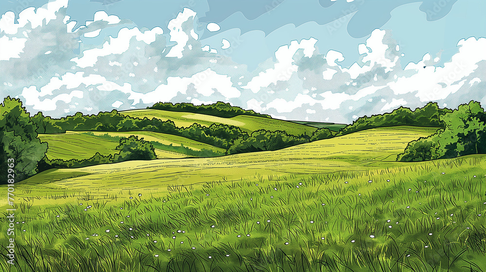 Vector sketch Green grass field on small hills. Meadow, alkali, lye, grassland, pommel, lea, pasturage, farm. Rural scenery landscape panorama of countryside pastures. - obrazy, fototapety, plakaty 
