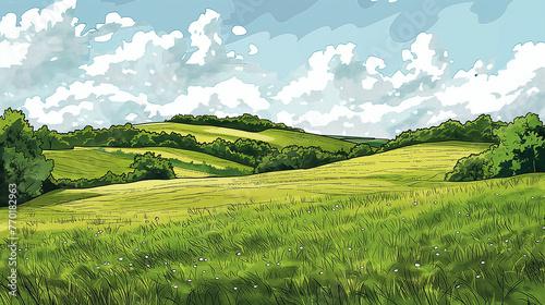 Vector sketch Green grass field on small hills. Meadow, alkali, lye, grassland, pommel, lea, pasturage, farm. Rural scenery landscape panorama of countryside pastures.