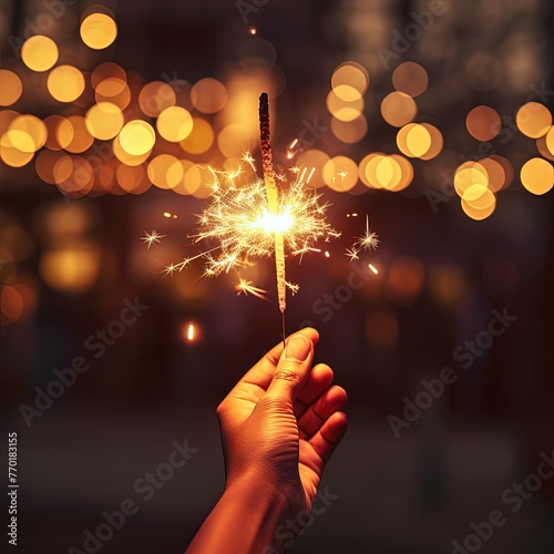 Woman hand holding a burning sparkler. Christmas and new year sparkler holiday background
