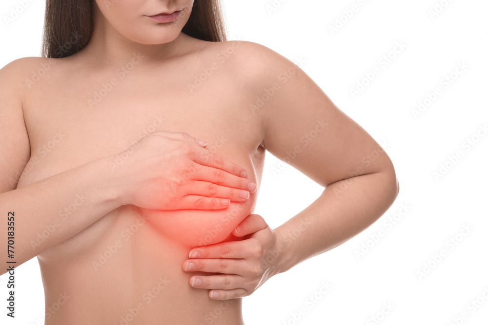Naked young woman suffering from breast pain on white background, closeup Naked young woman suffering from breast pain on white background, closeup