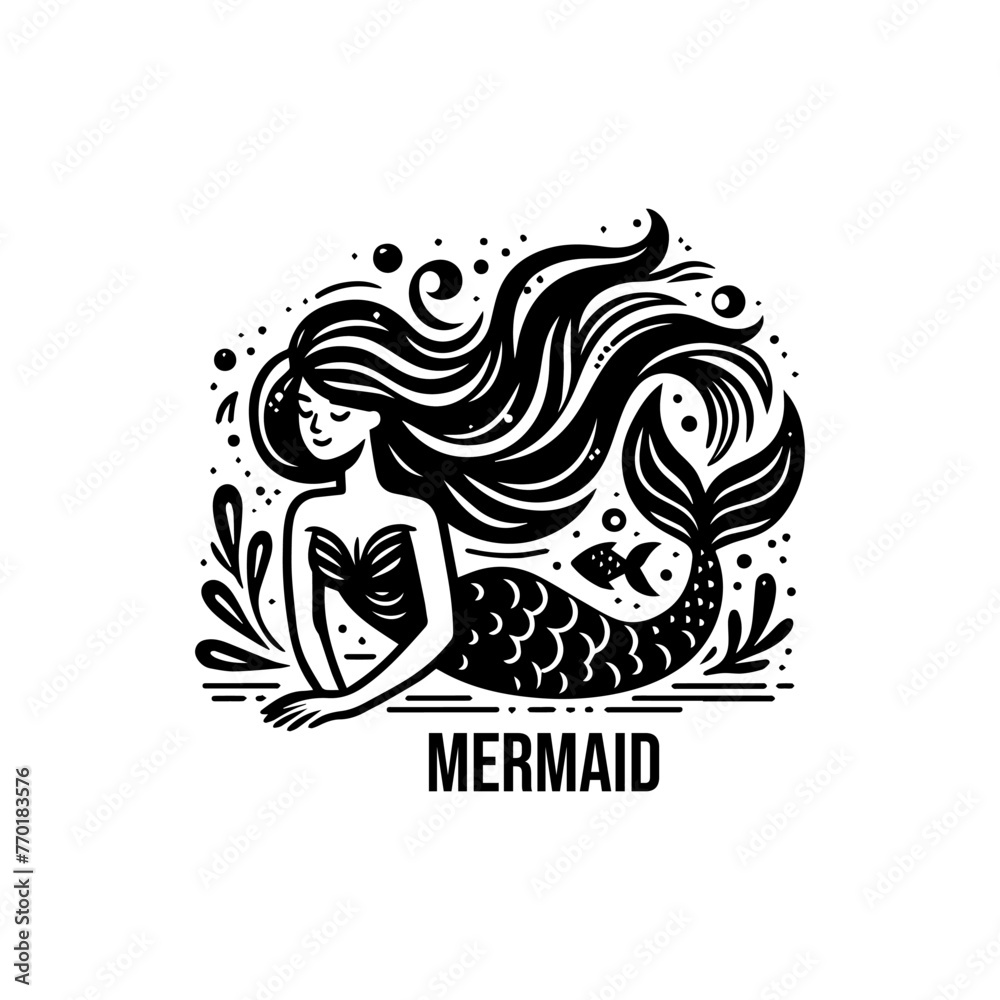 Mermaid black and white flat vector illustration.