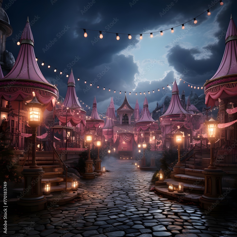 Amusement park at night with lights and decorations. 3d rendering