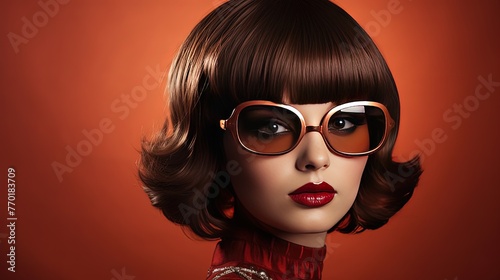 Poster in vintage glamor disco retro style, beautiful girl with bangs in fashionable glasses 