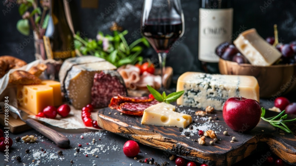 Charcuterie and cheese platter with wine - An elegant spread of various cheeses, meats, nuts, and fruits paired perfectly with a glass of red wine