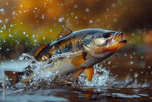 Photo of a bass fish jumping out of the water, realistic photo in the style of high resolution photography. Created with Ai