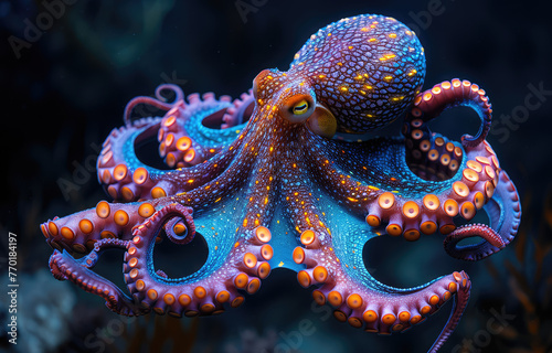 A beautiful octopus in purple and orange colors in the dark blue sea. A real photo with high resolution and very detailed macro photography. Created with Ai © Image Innovate