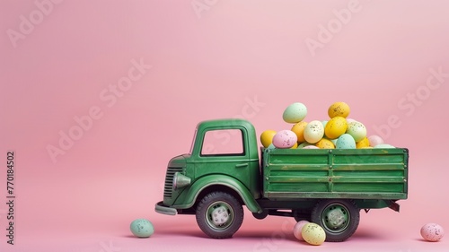 Green truck delivers colorful easter eggs on pink background. Happy Easter concept.
