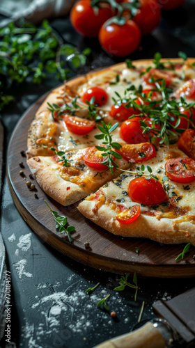 Delicious cherry tomato and cheese pizza - Mouth-watering pizza with cherry tomatoes, melted cheese and fresh herbs on a wooden table