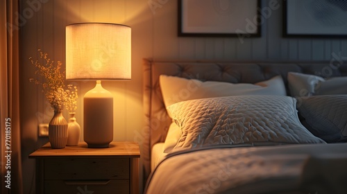 A dimly lit modern nightstand with a lamp, minimalist. For design, 3d render, decoration photo