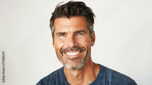 Confident mature man with well-groomed beard smiling against white backdrop, representing modern masculinity and wellbeing. photo