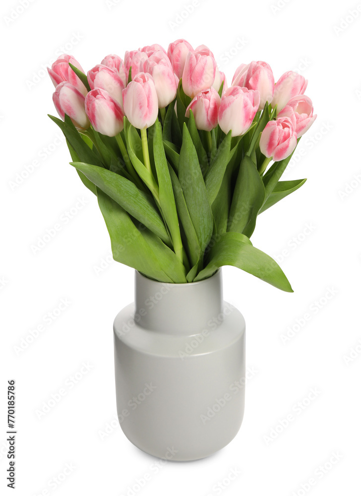 Bouquet of beautiful tulips in vase isolated on white Bouquet of beautiful tulips in vase isolated on white