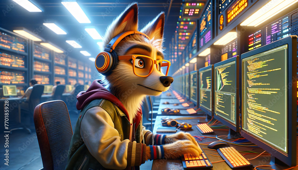 Digitally imagined adolescent fox character proficiently navigating through coding software on a multi-monitor computer setup, highlighting the intersection of youth and high-level computing skills.  - obrazy, fototapety, plakaty 