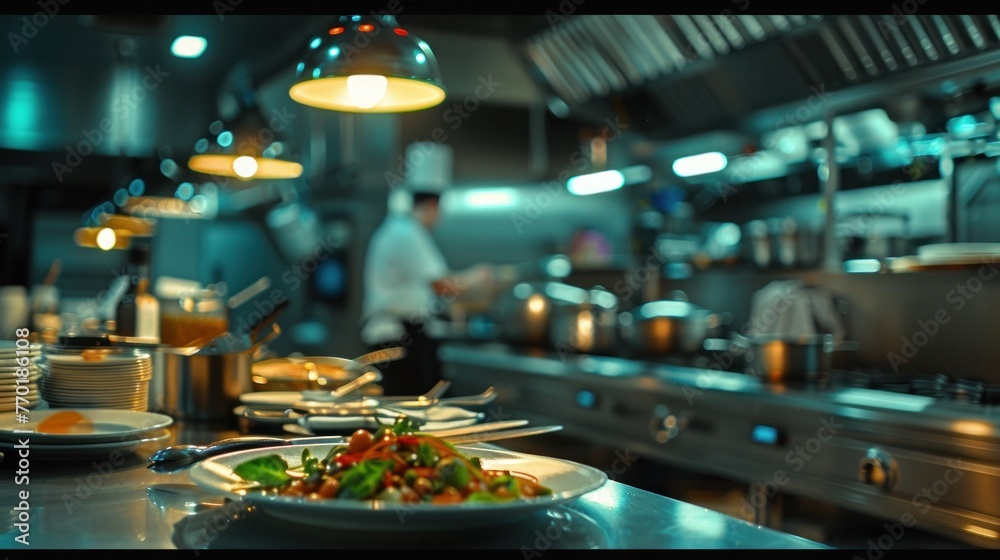 Professional chef preparing gourmet meals in commercial kitchen with focus on nutritious dish in foreground. Culinary arts and restaurant fine dining.