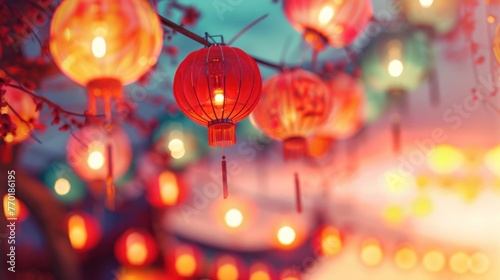Illuminated traditional red lanterns hanging from cherry blossoms against soft-focus background, evoking festive spirit. Chinese New Year celebration and decoration.