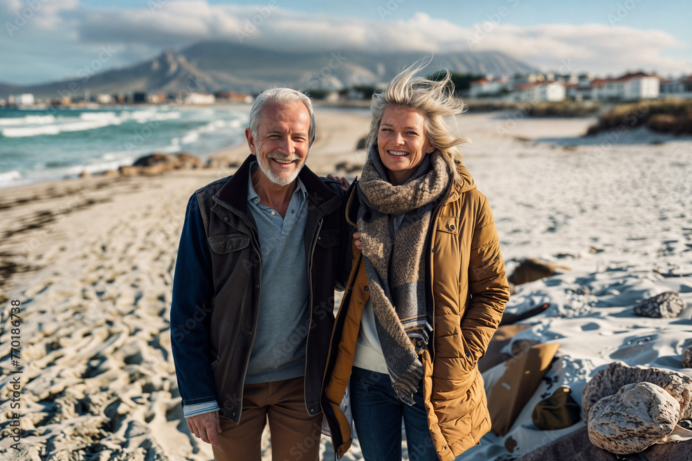 Senior couple walking on the beach smiling