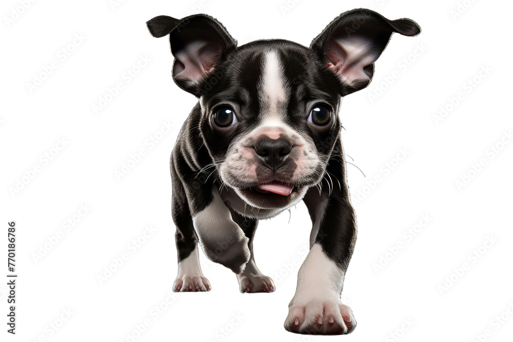 Beautiful playful Boston Terrier puppy isolated on white background