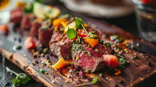 Gourmet seared steak on wooden board - Delicious high-end cuisine image, featuring a perfectly seared steak garnished with fresh herbs, spices, and edible flowers photo