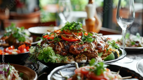Grilled chicken and salad on a dining table - A sumptuous meal setup with roasted chicken and fresh salad on a beautifully arranged dining table, invoking a sense of gathering and feast