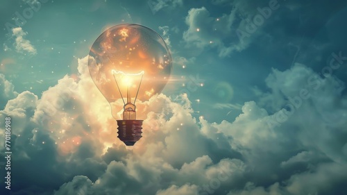 Hot air balloon shaped lightbulb in sky - A conceptual image of a lightbulb in the shape of a hot air balloon floating in a vibrant sky amongst fluffy clouds