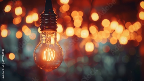 Illuminated light bulb in warm ambient light - A warmly lit shot of a single light bulb with a clear view of its filament, set against a bokeh light background