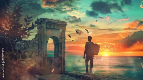 Man standing at ruins looking at sunset - A solitary man with a backpack stands at ancient ruins looking towards a serene sunset over the ocean