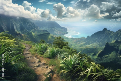 Majestic mountainous landscape with coastal bay - Breathtaking coastal scenery with sharp mountains, tropical vegetation, and a clear blue ocean meeting the sky