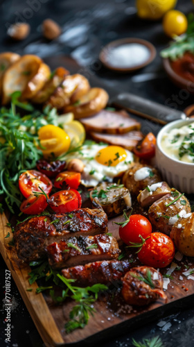 Mouthwatering grilled skewers with fresh sides - Perfectly cooked mixed grill kebabs served with a side of vibrant vegetables and refreshing tzatziki dip