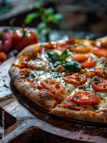 Mouth-watering pizza with fresh toppings - Fresh out of the oven, pizza with mozzarella, tomatoes, and basil, dripping with golden cheese