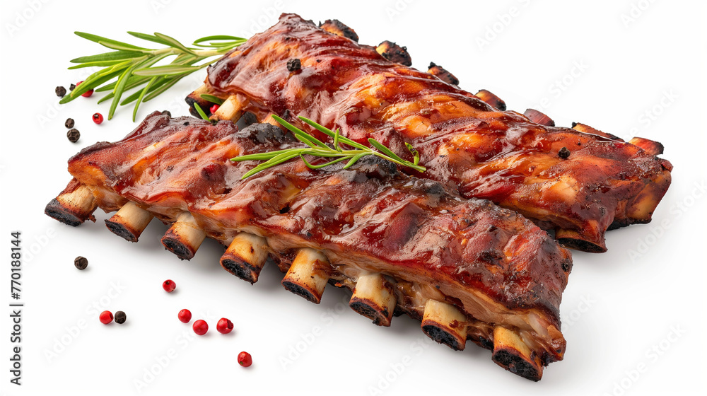 Fresh pork ribs, succulent and juicy, barbecue ribs seasoned with spices, charred edges glistening with sauce, smoky aroma wafting through the air, meat background showcasing raw ingredients