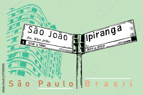 Handmade vector illustration of street signs in the city of São Paulo. Art in free and uncluttered lines.