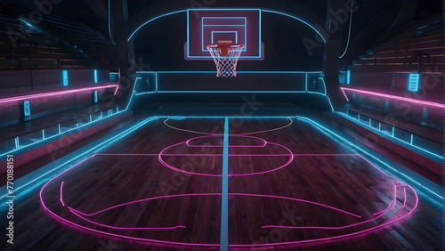 Futuristic basketball court made of neon lights