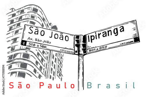 Handmade vector illustration of street signs in the city of São Paulo. Art in free and uncluttered lines.
