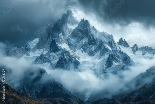 A majestic mountain peak shrouded in clouds and mist, with snow-covered peaks piercing through the fog. Created with Ai