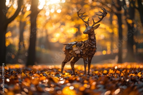 Autumnal Deer Sculptures Crafted From Fallen Leaves and Natural Materials in a Magical Forest Light. Generative AI. © Carl & Heidi