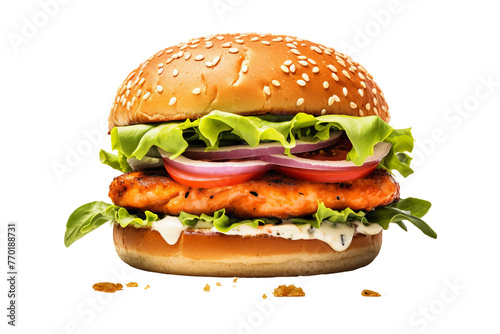 Delicious salmon burger isolated on white background