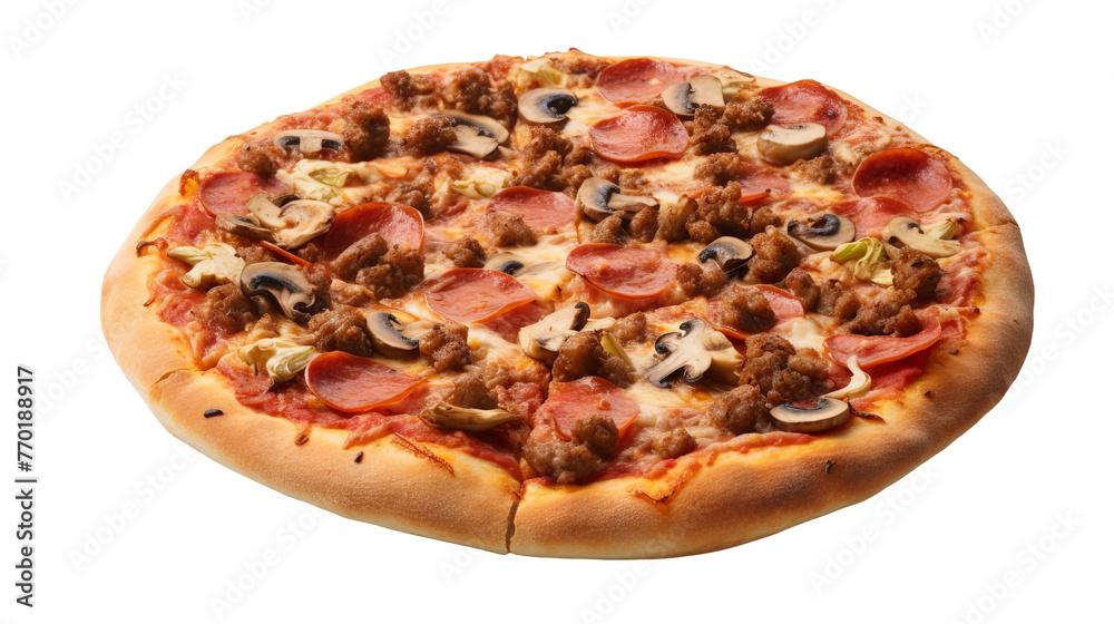 Delicious Sausage and Mushroom Pizza isolated on white background