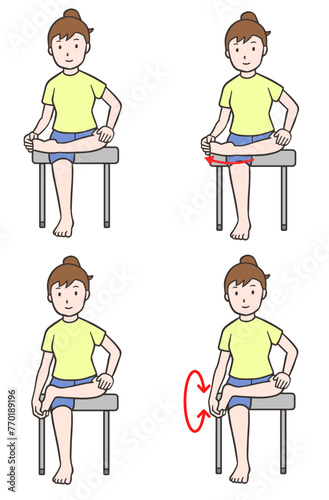 椅子に座って足首をストレッチしたり回したりする女性