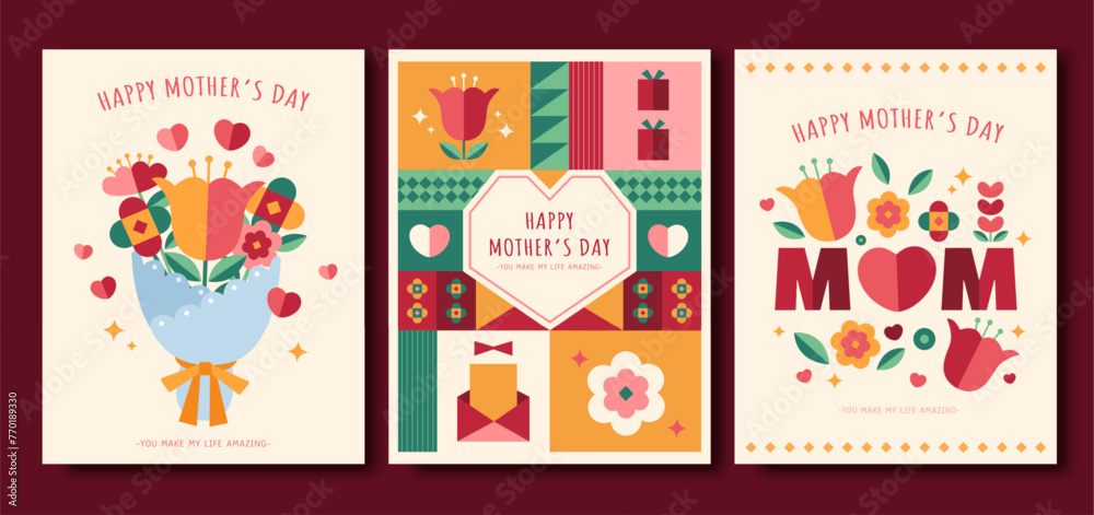 Flat design floral Mother's day template set isolated on dark red background.