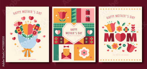 Flat design floral Mother's day template set isolated on dark red background.
