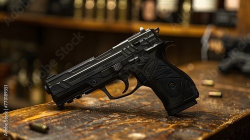 compact firepower of a modern compact pistol, its sleek design and lightweight construction making it ideal for concealed carry. photo