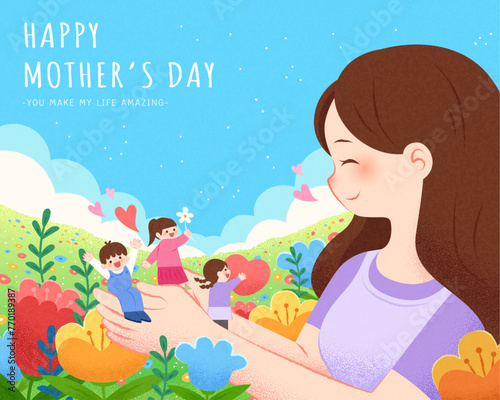 Mothers day greeting card. Mom has miniature children in her palm at beautiful garden.