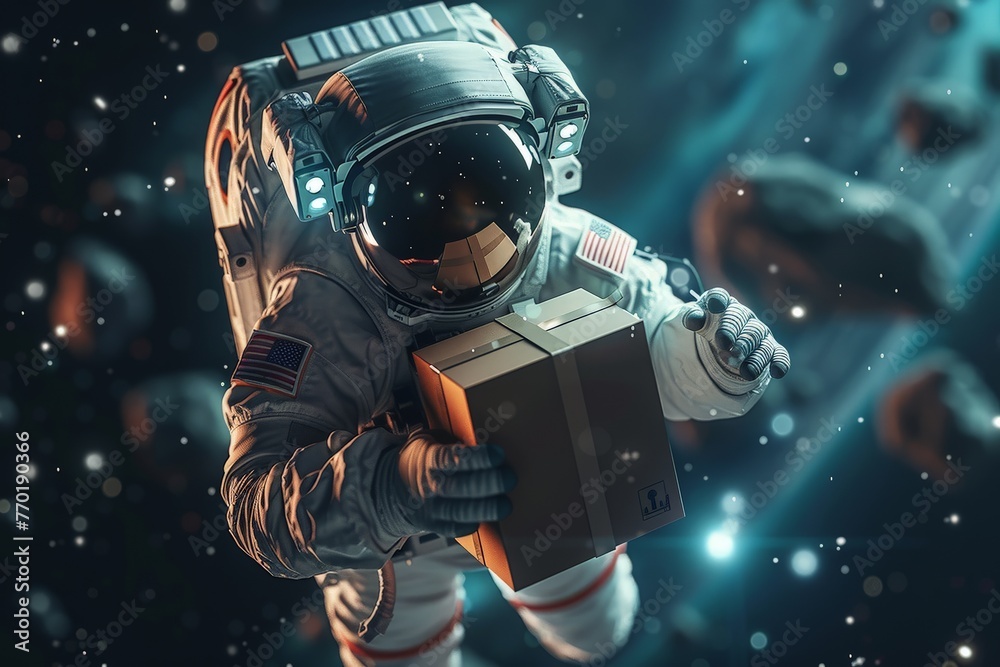 an astronaut delivering a package in the middle of space