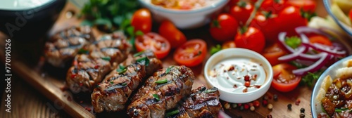 Succulent grilled kebabs served with veggies - Delicious, chargrilled kebabs served on a wooden board with fresh vegetables and a creamy sauce, ideal for a casual meal photo