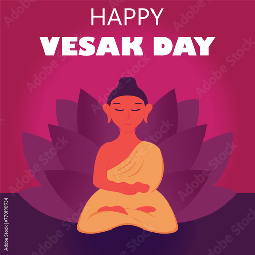 illustration vector graphic of Buddha is meditating on a lotus flower, perfect for international day, vesak day, celebrate, greeting card, etc.