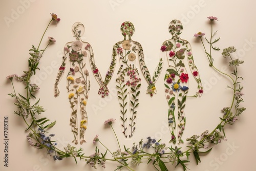 Elegant female forms adorned with floral tattoos, holding hands in unity, surrounded by a garland of wildflowers