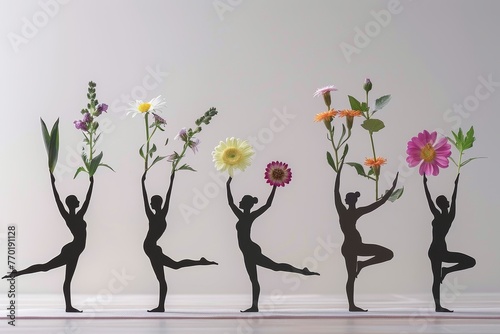 Female forms in yoga poses, with each posture accented by different flowers, illustrating balance and wellness photo