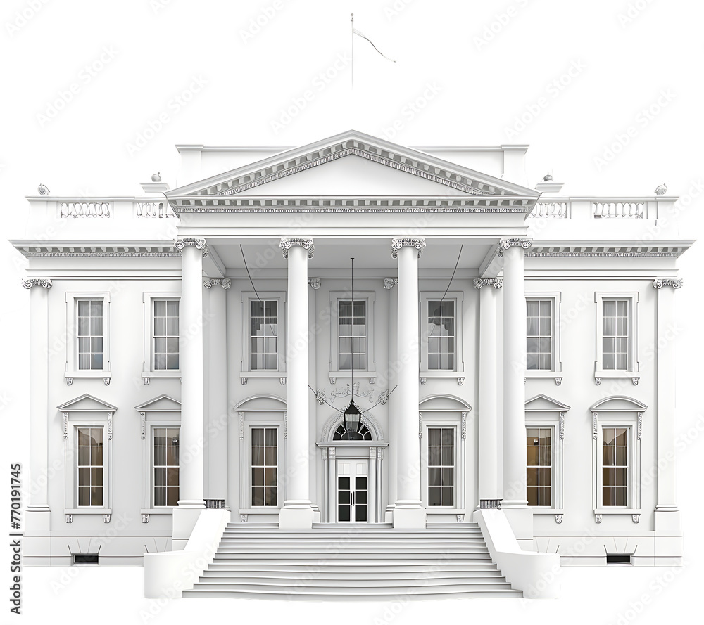 A front-facing view of the White House, set against a white background and isolated.






