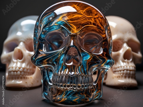 Metallic crystal skull in the center, white crystal skulls on either side