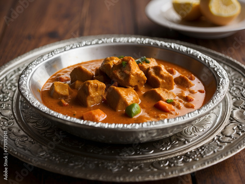Meat-filled curry on a silver platter