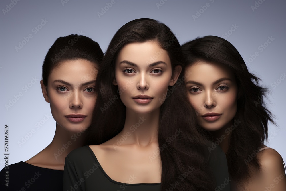 Three beautiful women with different hairstyles and makeup, Studio shot, Ai Generated Three beautiful women with different hairstyles and makeup, Studio shot, Ai Generated